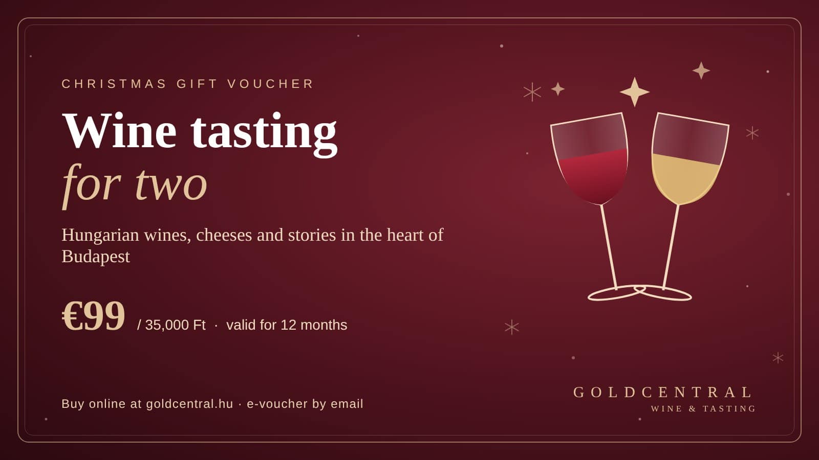 Christmas gift voucher: wine tasting for two at Goldcentral, Budapest